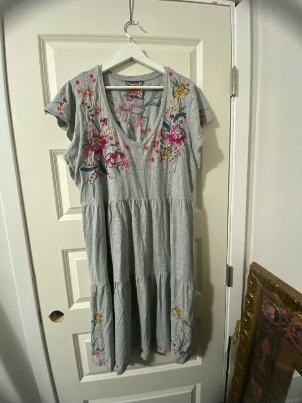Johnny Was Jessica Embroidered Grey Floral Tiered Dress Size XL